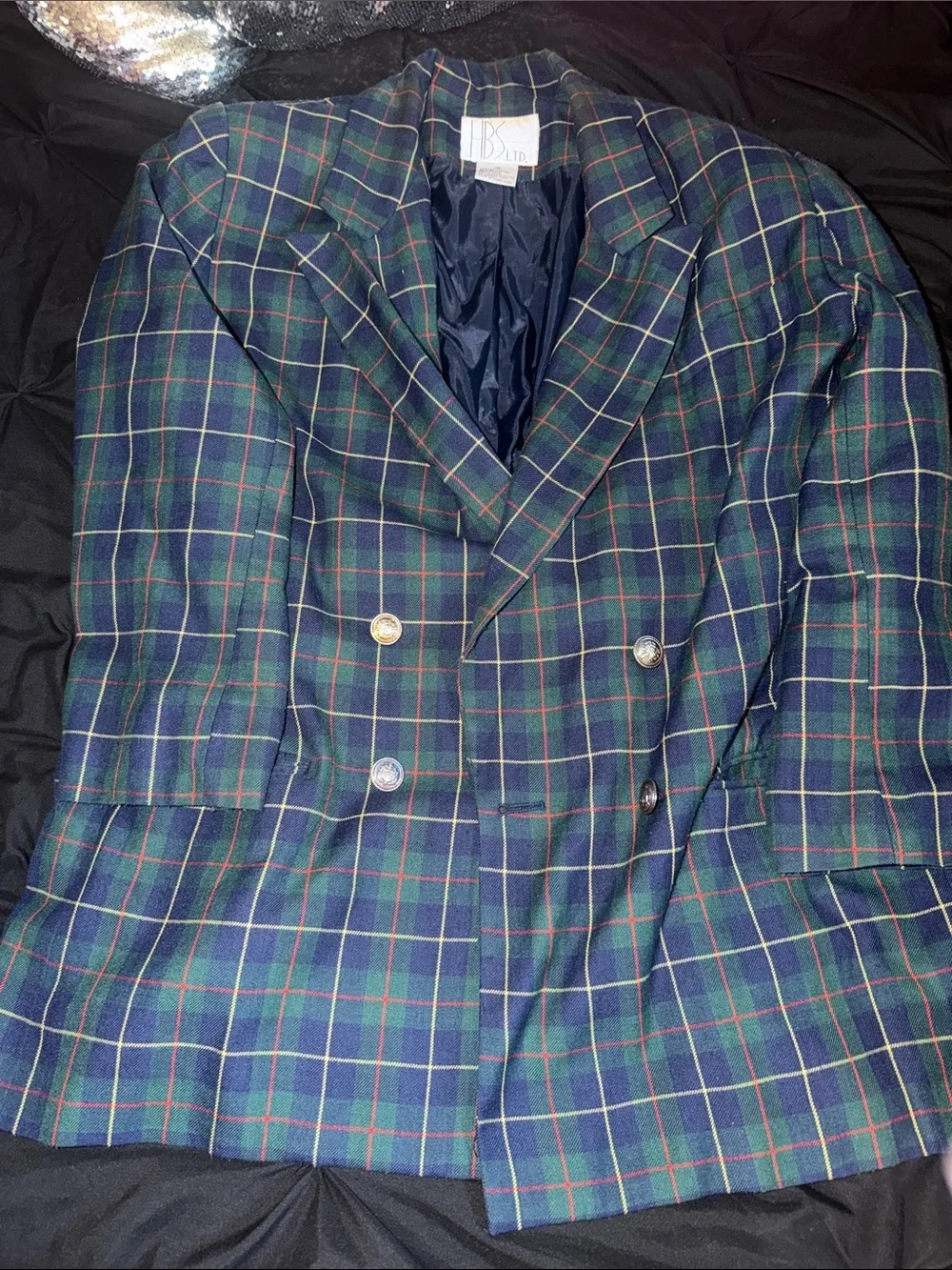 Double-Breasted Plaid Blazer in Navy & Green